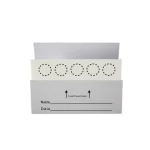 Gray folded card with a white perforated strip featuring five circular holes and lines for Name and Date; arrows read 'Tuck Cover Here'903 HCY DNA Blood COLLECTION CARD