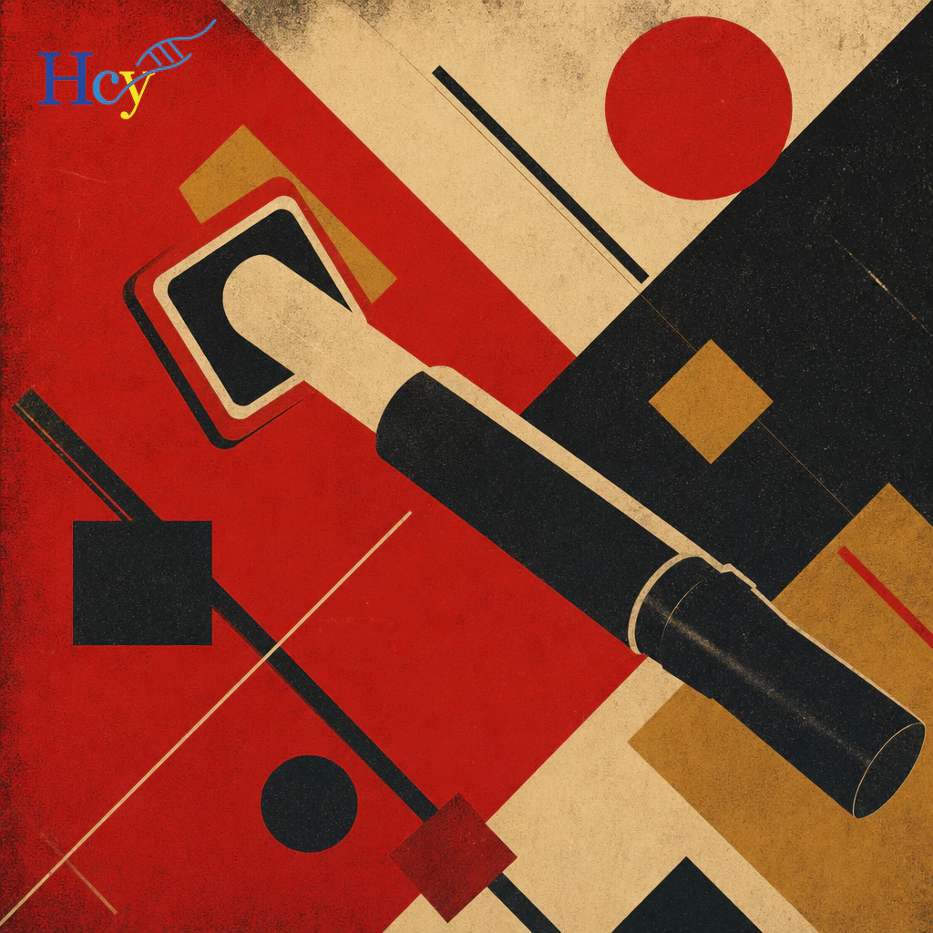 Abstract mid-century poster with bold red, black, and beige geometric shapes and a large black cylinder; 'Hcy' logo in the top-left.