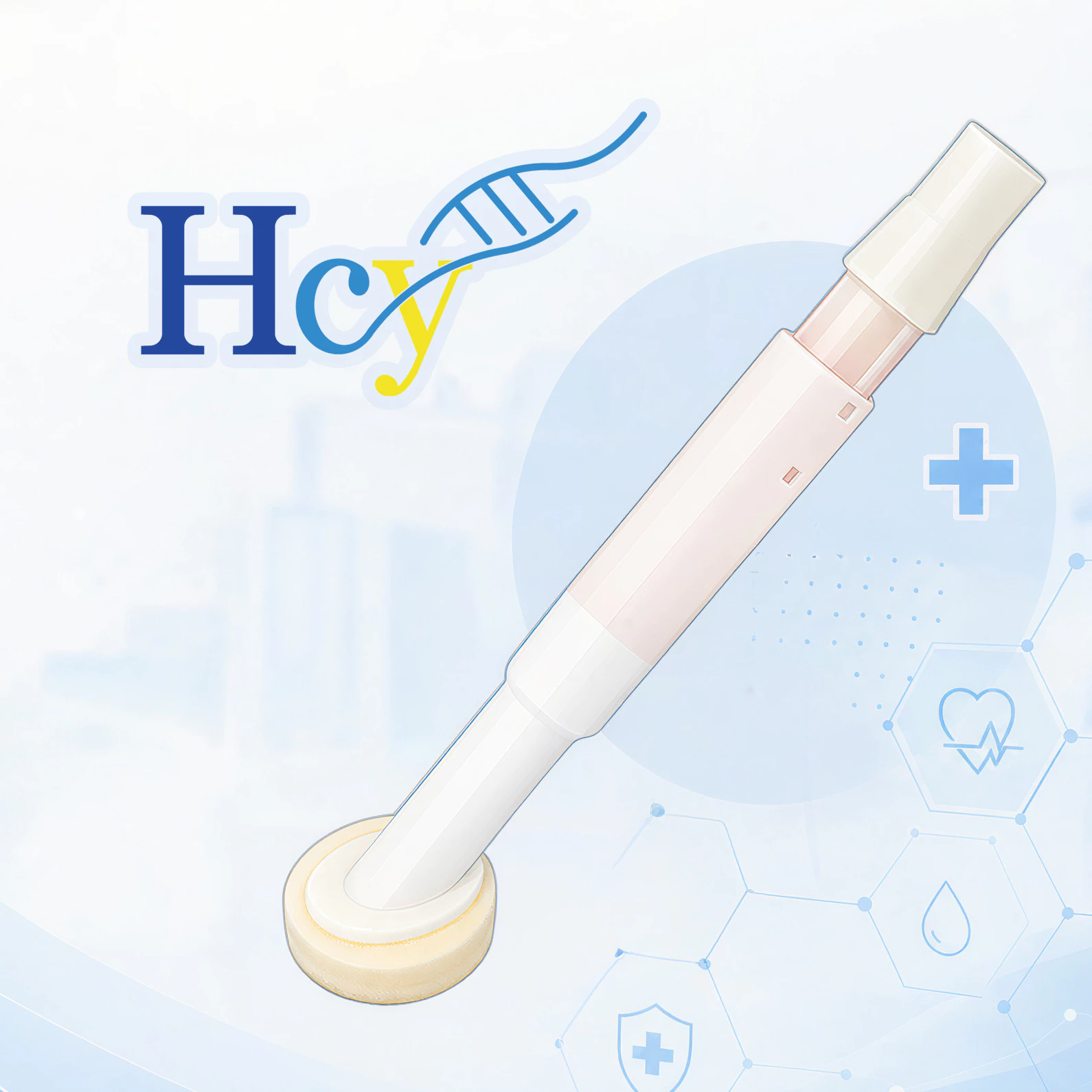 Genetics-themed illustration with a DNA helix and a diagonal pipette-like device on a pale blue medical background.