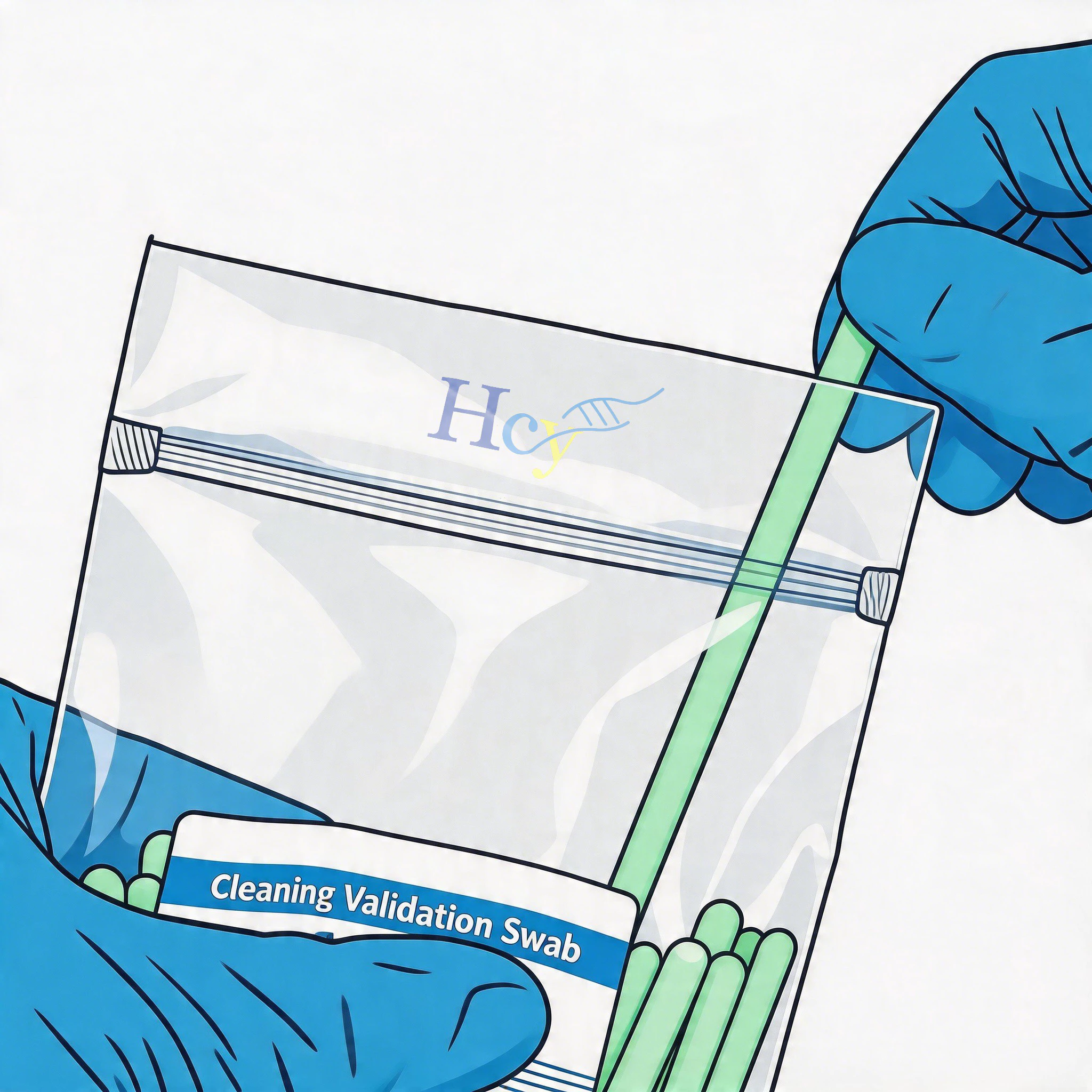 Cartoon-style blue gloved hand holding a sign that reads 'Cleaning Validation Swab'.