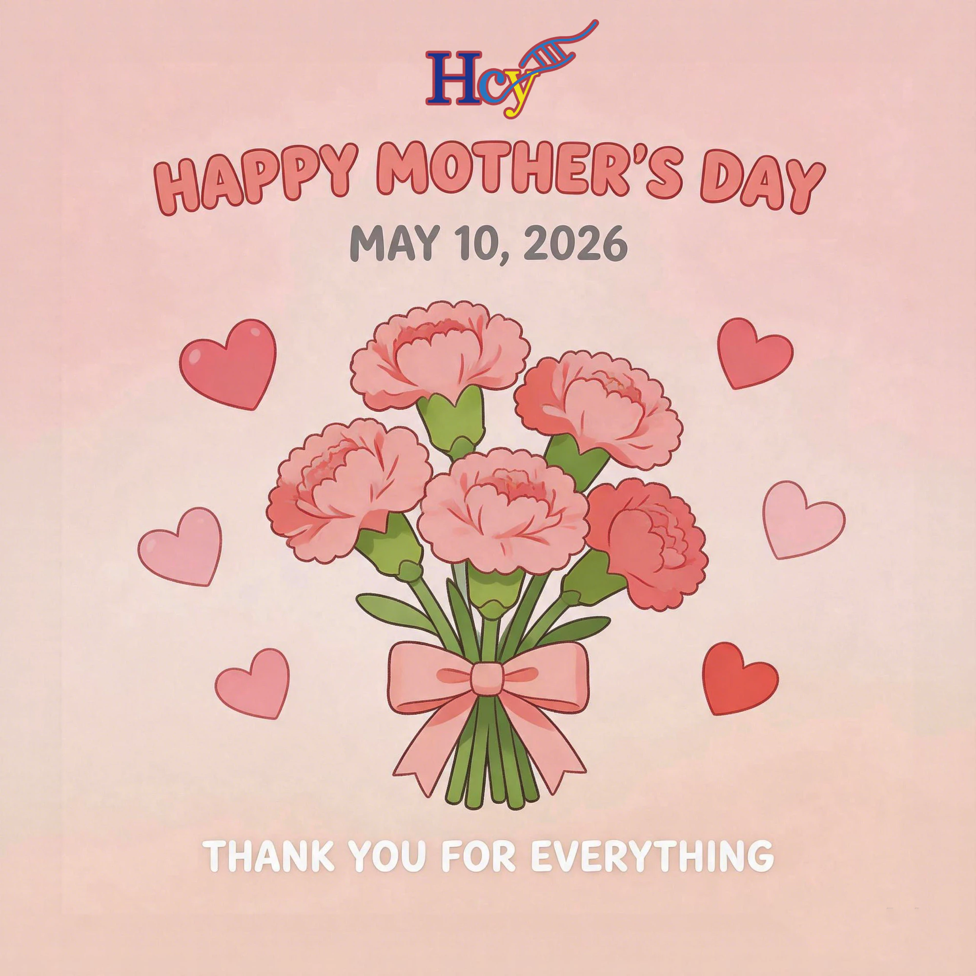 Mother's Day card with pink carnations bouquet, surrounding pink hearts, and the words 'Thank you for everything' on a pale pink background.