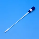 White cotton-tipped swab with a blue cap on a solid blue background, for medical testing.Sterile Nylon Flocked Cervical Swab with Tube