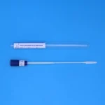Sterile specimen collection swab kit with labeled tube on a blue background.Sterile Nylon Flocked Cervical Swab with Tube