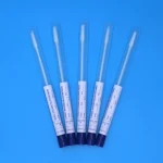 Five sterile swab collection tubes laid in a fan on a blue background with labeled ends visible.Sterile Nylon Flocked Cervical Swab with Tube