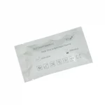 Sealed white pouch for an Ebola virus antigen rapid test kit with small symbols and dates printed on the front.Ebola Virus Antigen Rapid Test Kit