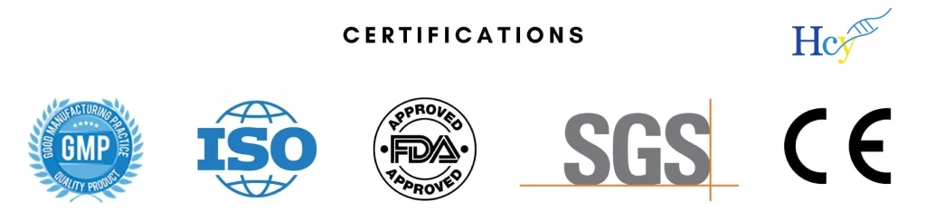 Certifications logos: GMP, ISO, FDA Approved, SGS, CE with HCy logo in top-right, indicating standards compliance