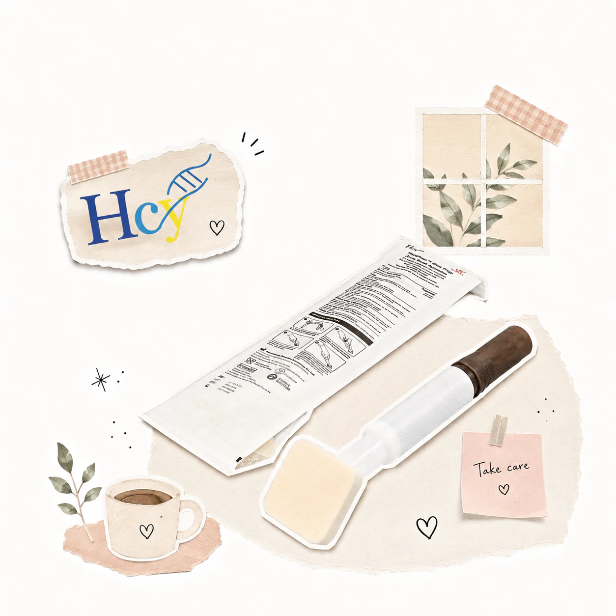 Collage-style health illustration with a torn beige note displaying 'HCV' and a DNA strand, a long instruction sheet, a syringe, a cup with a small heart, a plant sprig, and a pink sticky note that says 'Take care'.