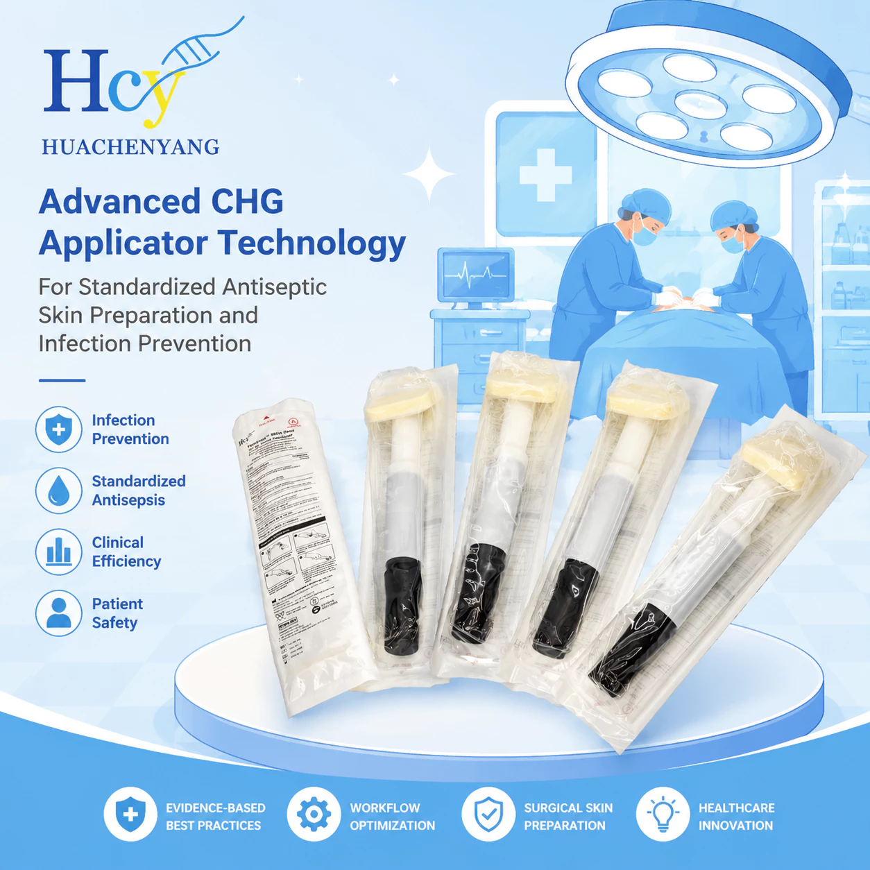 Banner announcing Advanced CHG Applicator Technology with sterilized applicators in the foreground and surgeons performing a procedure in the background.