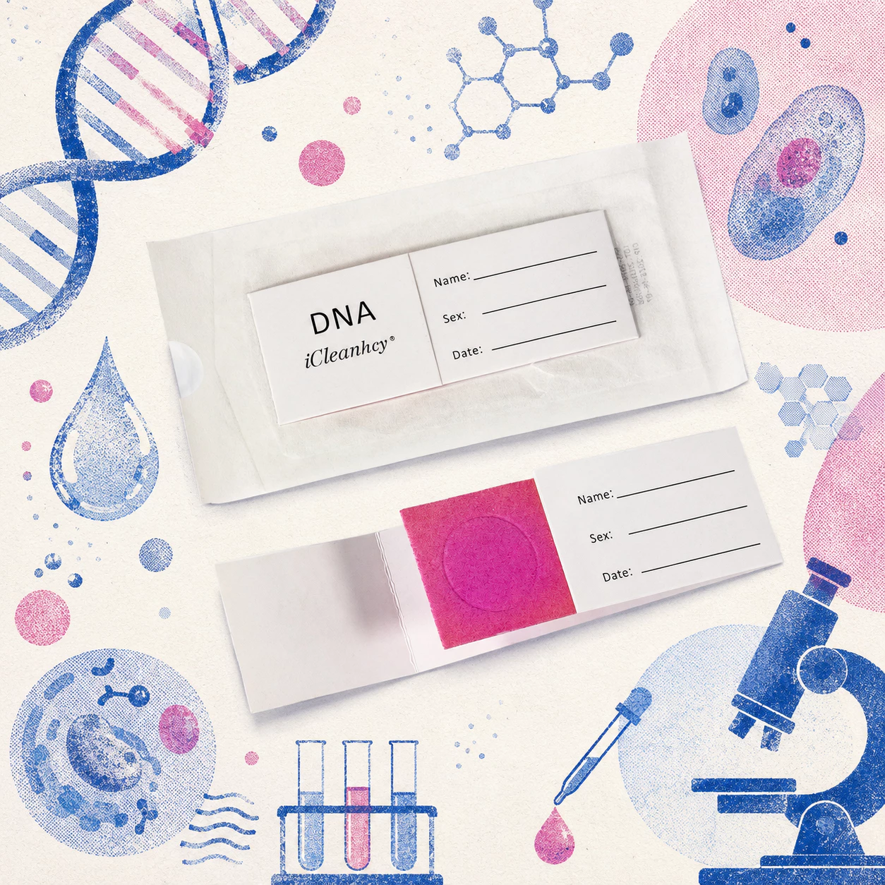 DNA test kit envelopes with labeled form fields (Name, Sex, Date) on a science-themed background.